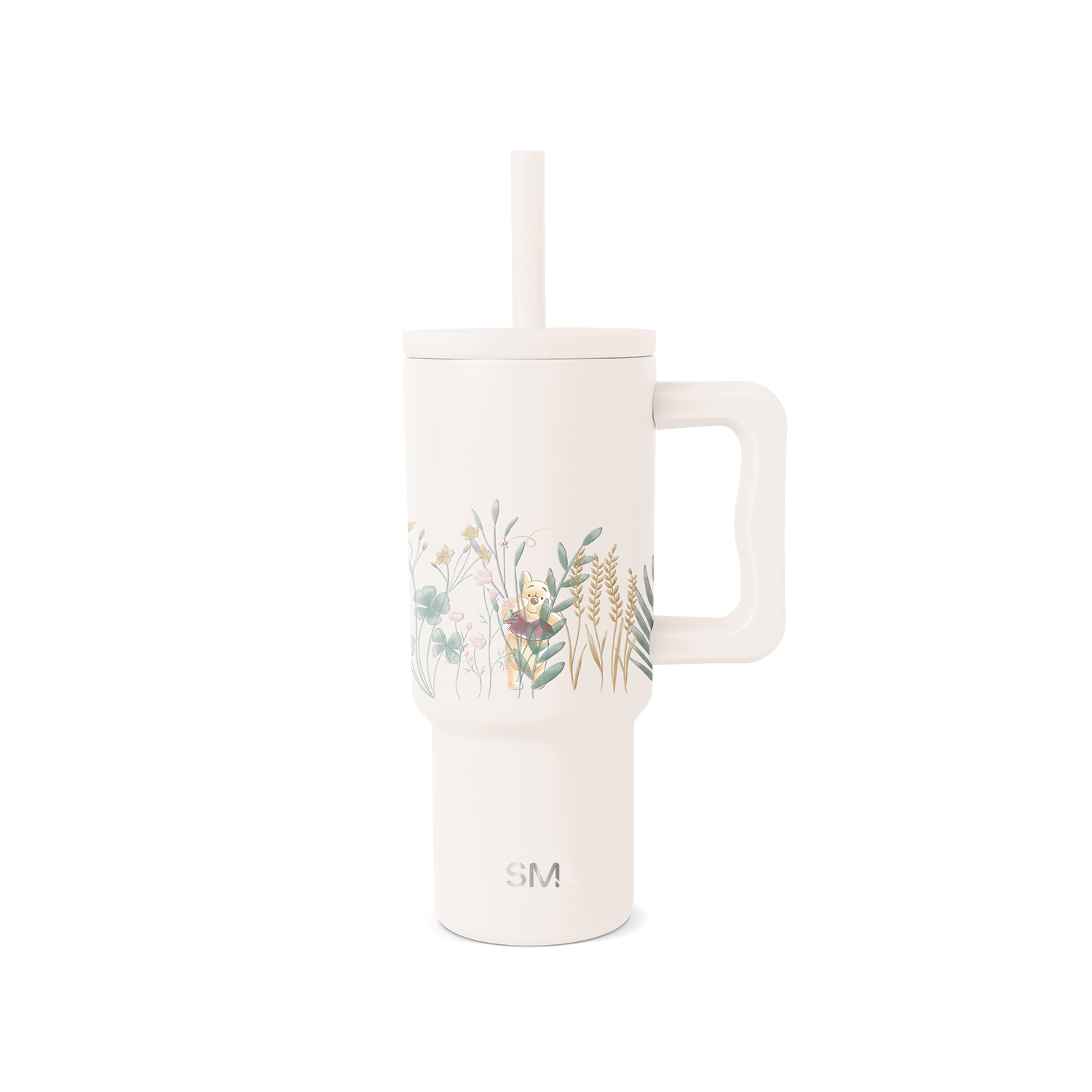 Cream-colored tumbler with muted watercolor botanical illustration on front
