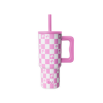 Pink and white checkerboard tumbler with matching straw on white background