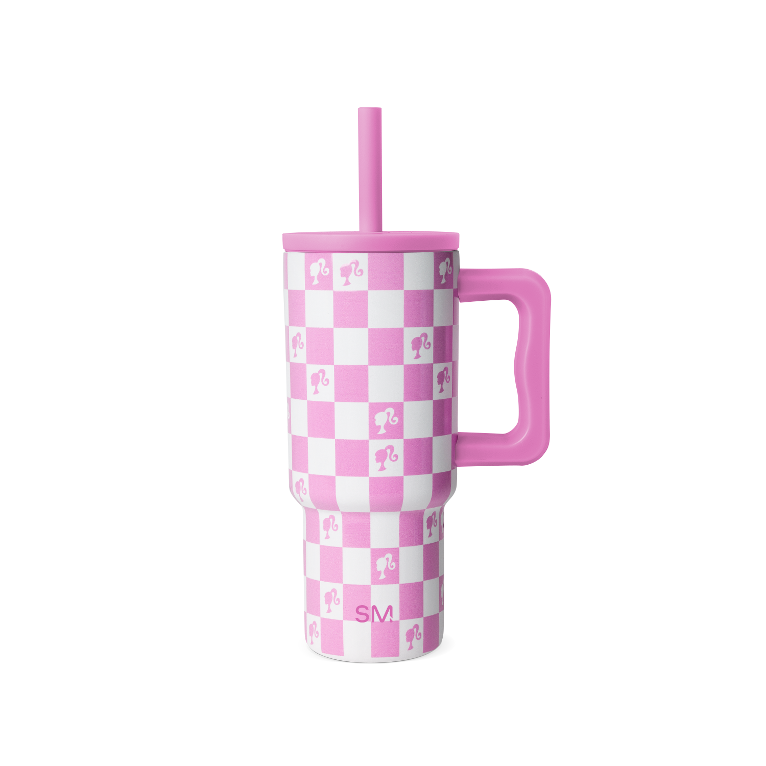 Pink and white checkerboard tumbler with matching straw on white background