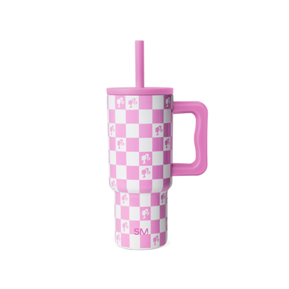 Pink and white checkerboard tumbler with matching straw on white background