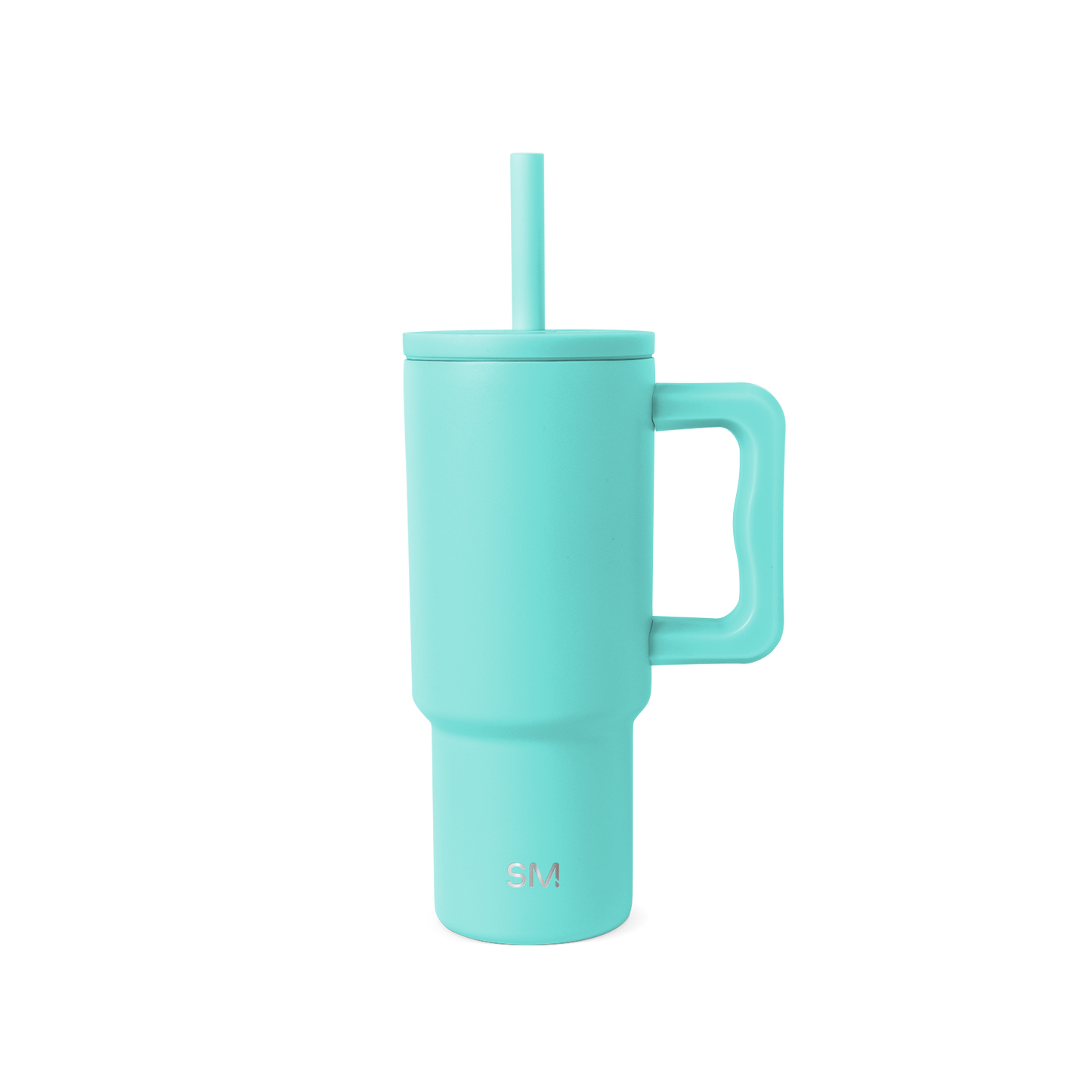 Soft turquoise blue-green cylindrical vessel with matching handle and lid, shown against neutral background.