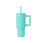 Soft turquoise blue-green cylindrical vessel with matching handle and lid, shown against neutral background.