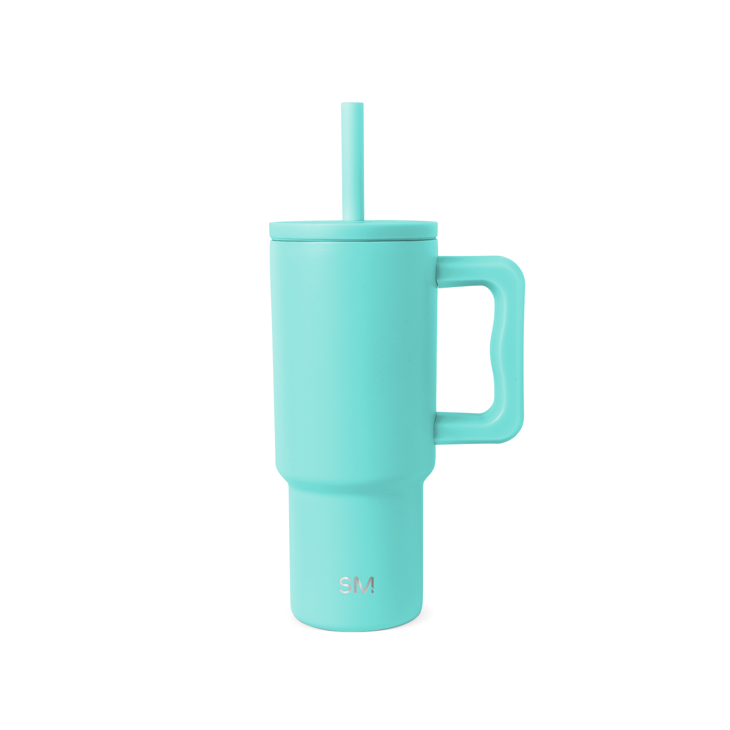 Soft turquoise blue-green cylindrical vessel with matching handle and lid, shown against neutral background.