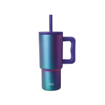 Stainless steel tumbler with handle and reusable straw, iridescent color-shift finish transitioning from turquoise to purple and blue.