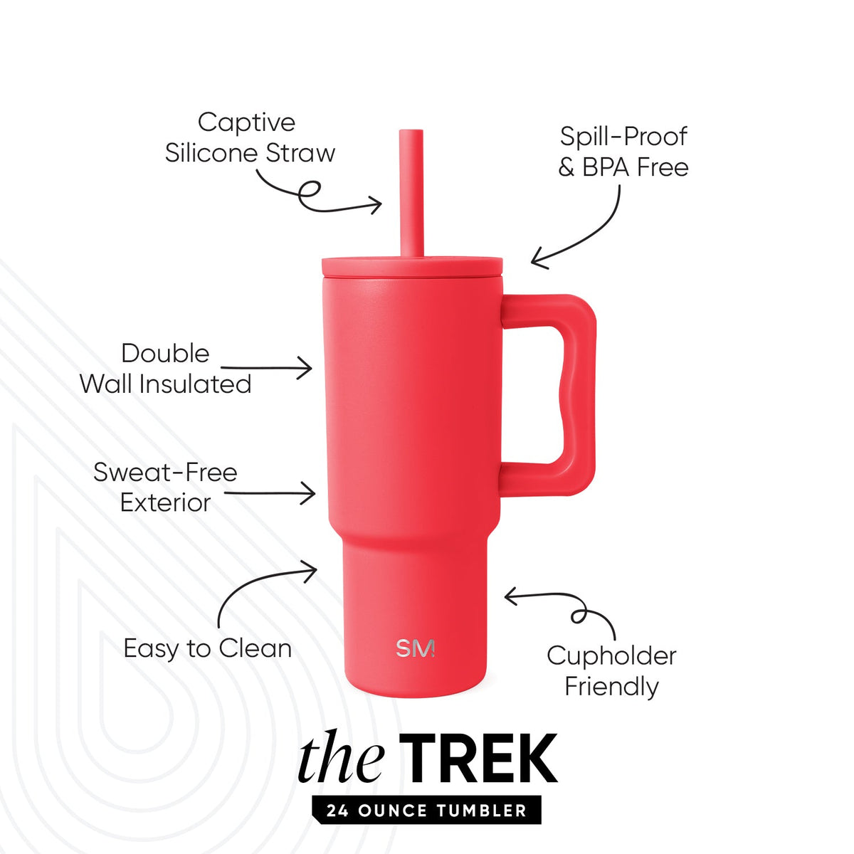 Coral-red 24-ounce TREK tumbler by Simple Modern with handle and silicone straw, featuring labeled callouts for captive straw, spill-proof lid, double-wall insulation, sweat-free exterior, easy-clean design, and