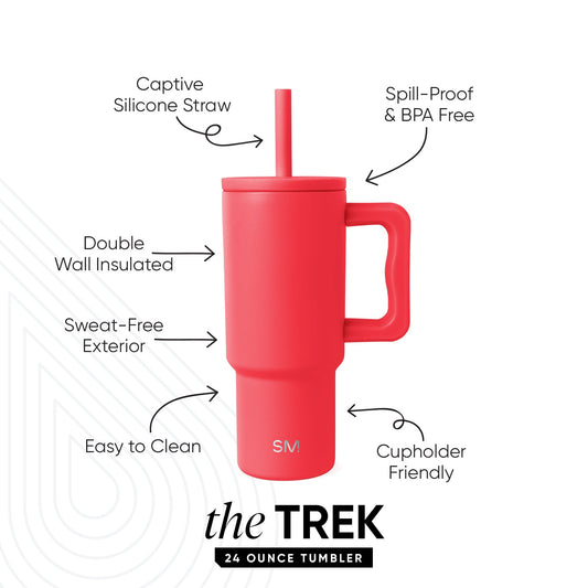 Coral-red 24-ounce TREK tumbler by Simple Modern with handle and silicone straw, featuring labeled callouts for captive straw, spill-proof lid, double-wall insulation, sweat-free exterior, easy-clean design, and