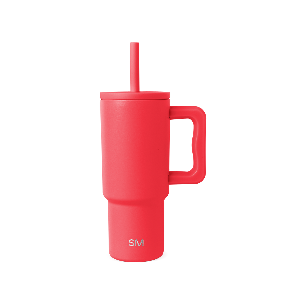 Coral-red insulated tumbler with handle and matching straw on white background. Features SM logo on front. Modern, cylindrical design with ergonomic grip. Product photography.