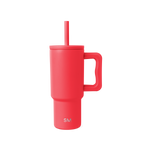 Coral-red insulated tumbler with handle and matching straw on white background. Features SM logo on front. Modern, cylindrical design with ergonomic grip. Product photography.