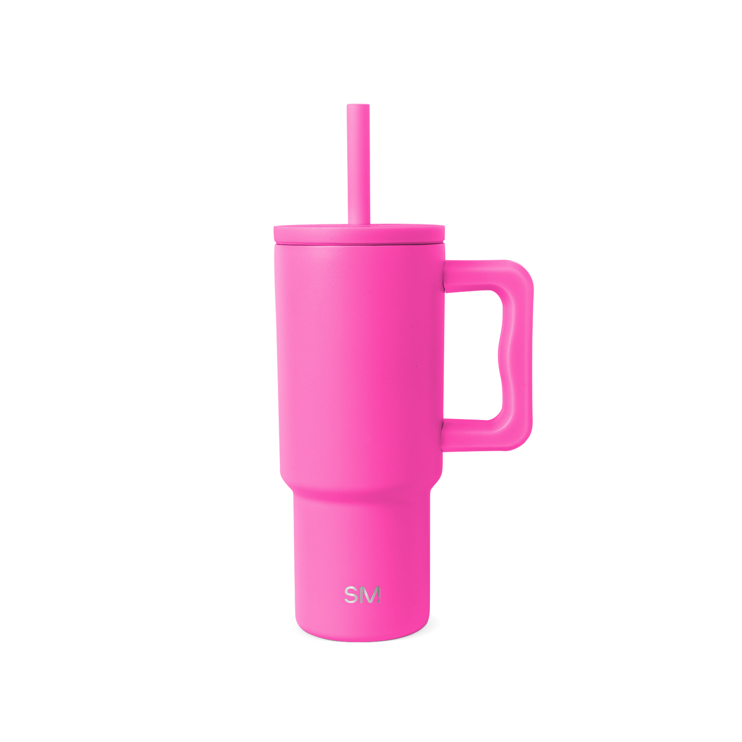Hot pink reusable drinkware with lid on white background