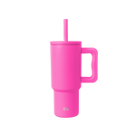Hot pink reusable drinkware with lid on white background