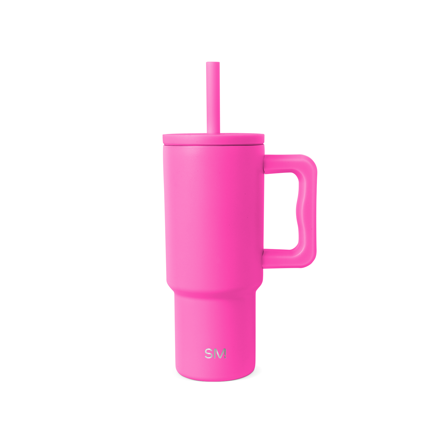 Hot pink reusable drinkware with lid on white background