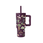 Deep burgundy tumbler with soft botanical illustrations in natural colors