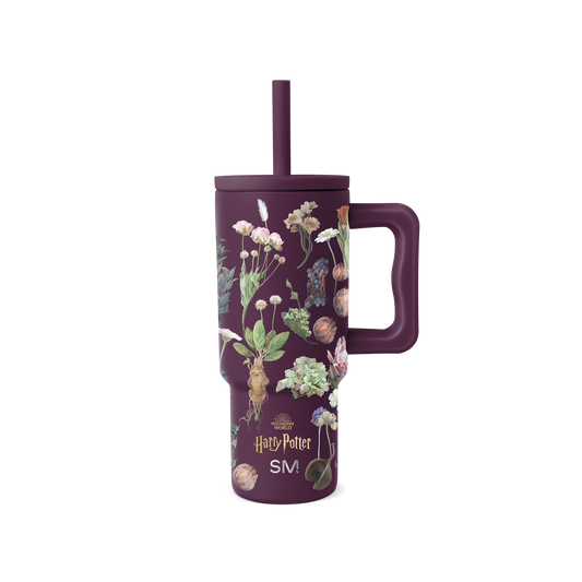 Deep burgundy tumbler with soft botanical illustrations in natural colors