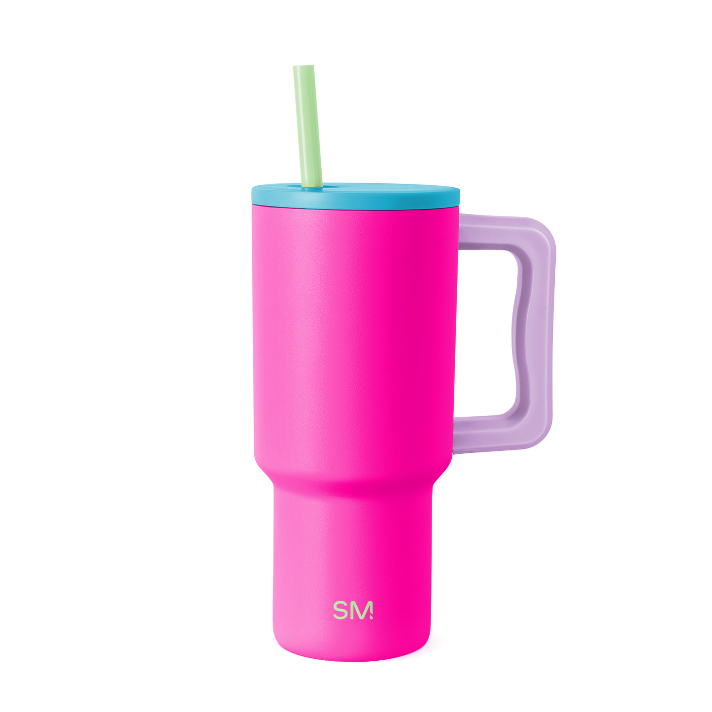 Tall insulated tumbler with handle in vibrant hot pink, tapered cylindrical shape, 30-80m size