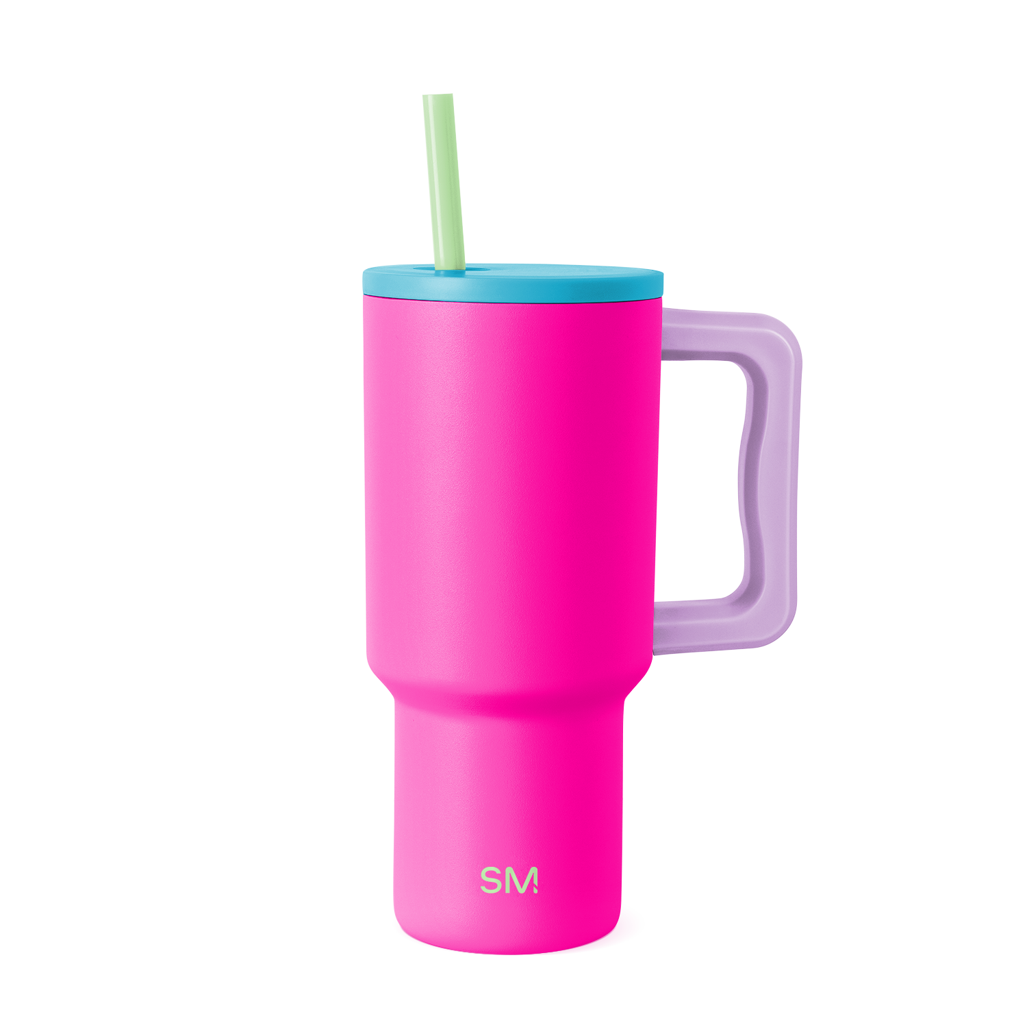 Tall insulated tumbler with handle in vibrant hot pink, tapered cylindrical shape, 30-80m size