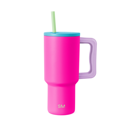 Tall insulated tumbler with handle in vibrant hot pink, tapered cylindrical shape, 30-80m size