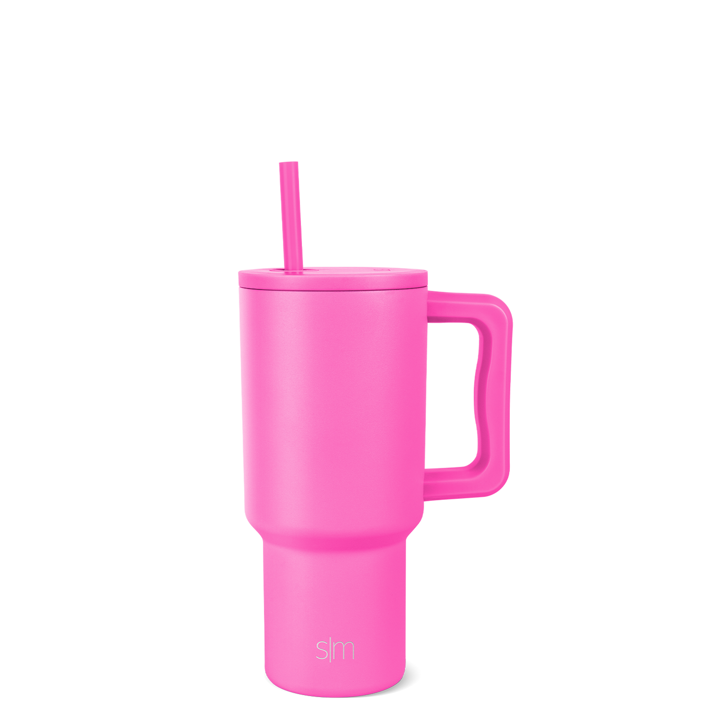 Hot pink tumbler with lid and straw on white background