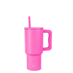 Hot pink tumbler with lid and straw on white background