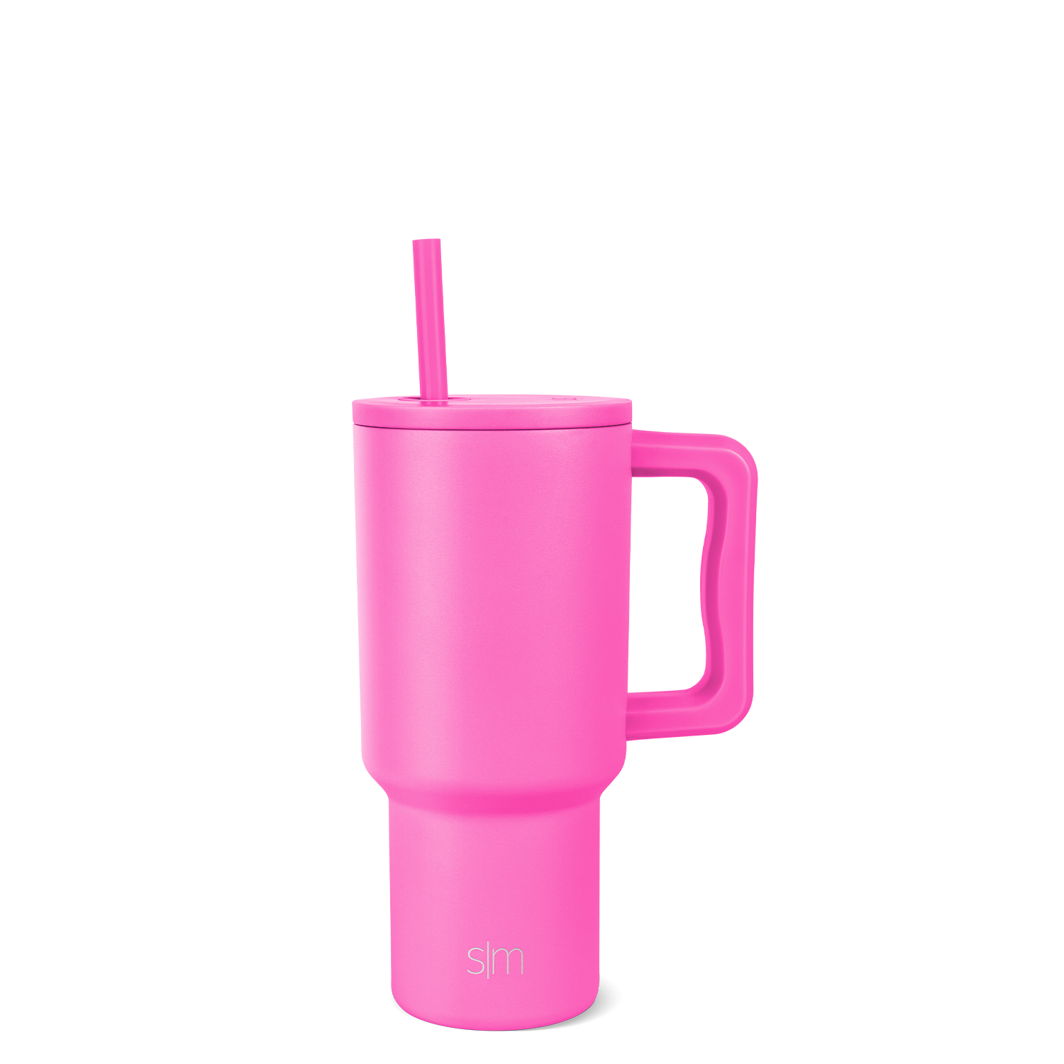 Hot pink tumbler with lid and straw on white background
