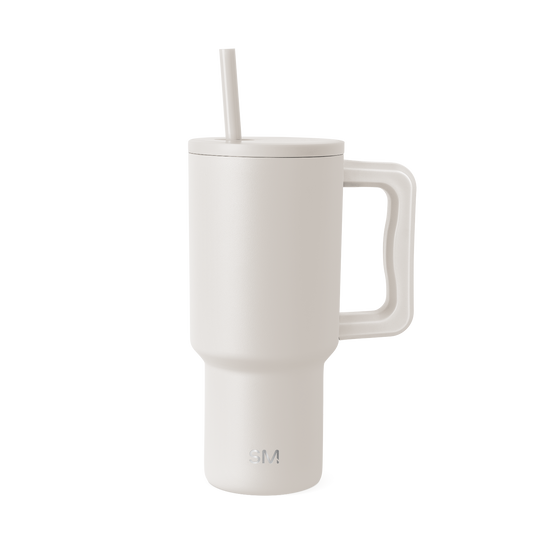 Cream-colored drinkware set displayed on a light gray-white background