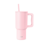 Pale pink insulated tumbler with handle on white background