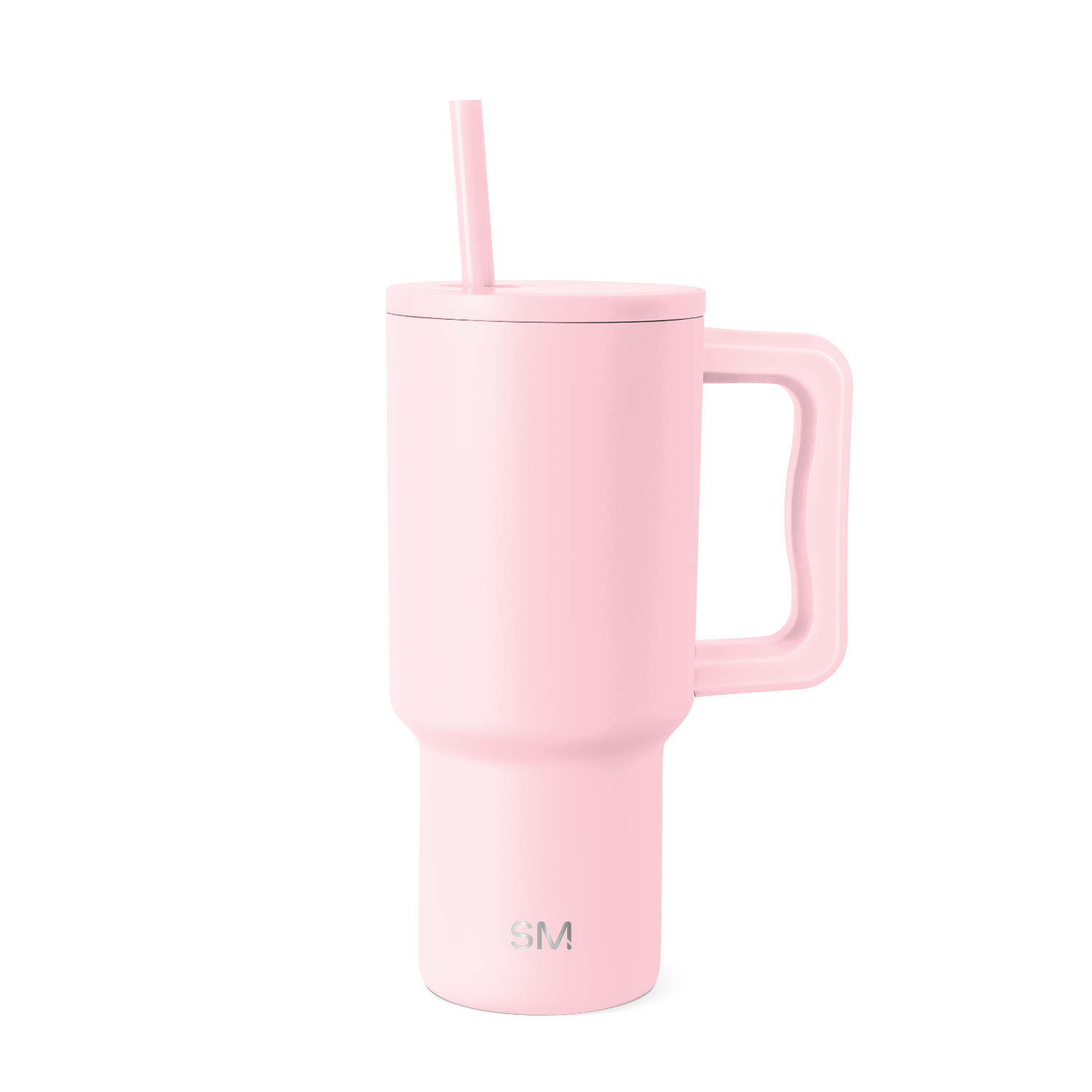 Pale pink insulated tumbler with handle on white background