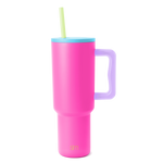Trek Tumbler insulated beverage cup with hot pink body, sky blue lid, lavender purple handle, and pale yellow-green straw on white background