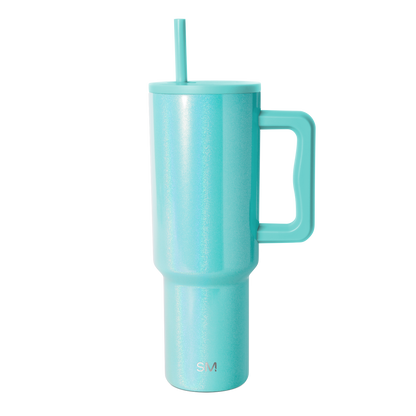 Medium turquoise aqua tumbler with sparkle glitter finish and cylindrical shape