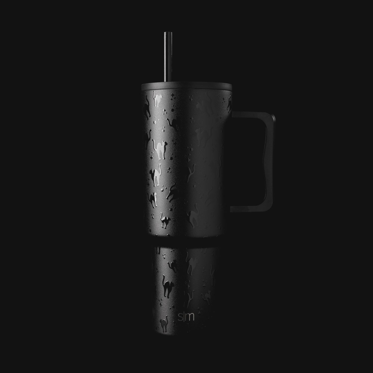 Black and charcoal gray insulated tumbler with metallic silver accents on the straw and lid rim