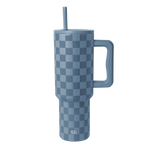Simple Modern insulated tumbler with blue-gray and light blue checkerboard pattern on white background