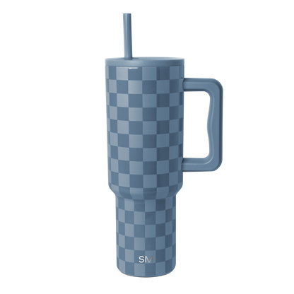 Simple Modern insulated tumbler with blue-gray and light blue checkerboard pattern on white background
