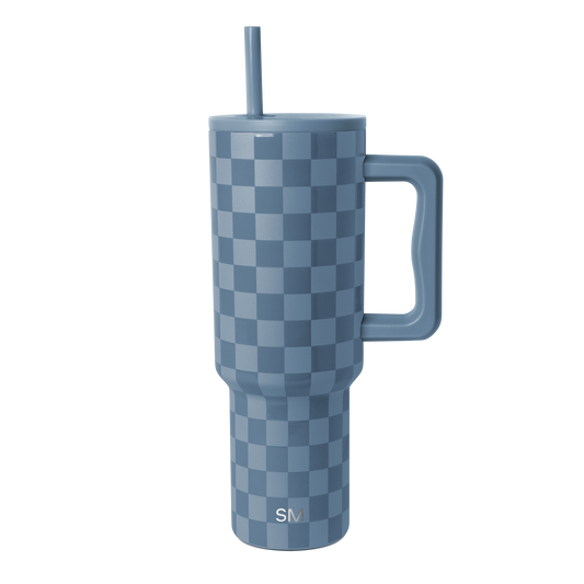 Simple Modern insulated tumbler with blue-gray and light blue checkerboard pattern on white background