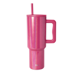 Hot pink tumbler with iridescent glitter finish and shimmering silver holographic highlights