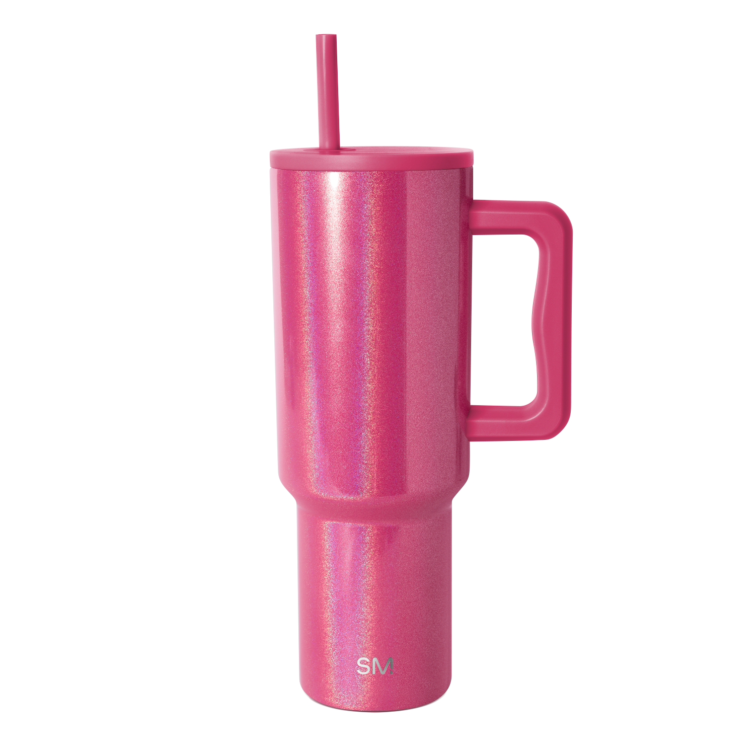 Hot pink tumbler with iridescent glitter finish and shimmering silver holographic highlights