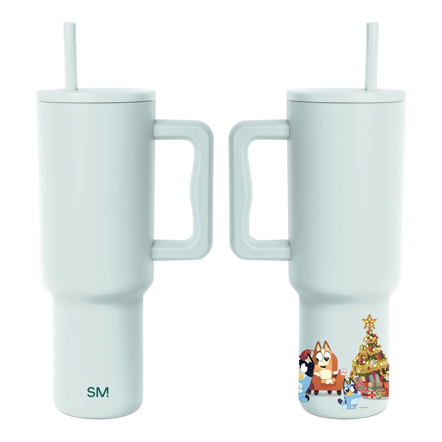 Two stainless steel insulated tumblers with handles displayed side by side, featuring cylindrical shapes with wider bases and tapered tops against a white background.