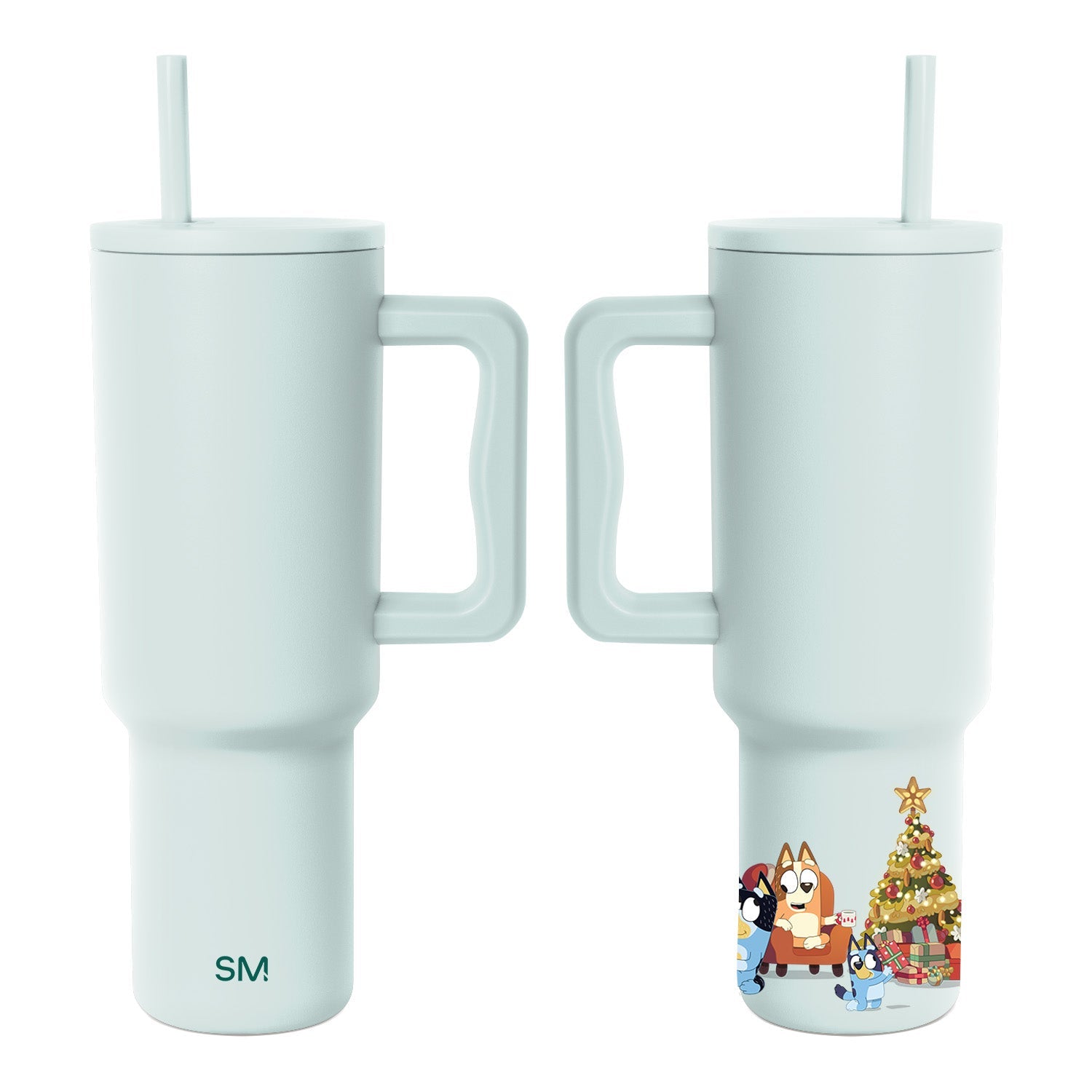 Two stainless steel insulated tumblers with handles displayed side by side, featuring cylindrical shapes with wider bases and tapered tops against a white background.