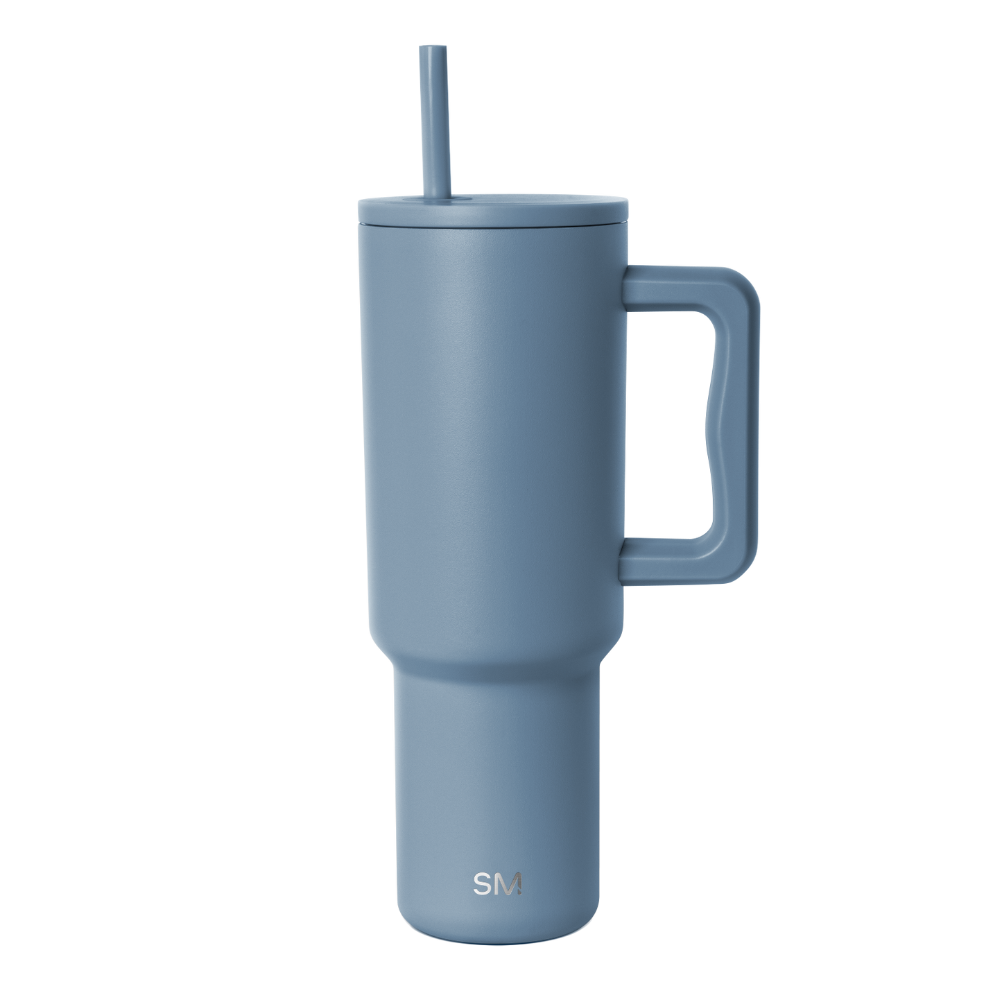 Slate blue insulated tumbler with tapered cylindrical design and minimalist contemporary aesthetic
