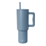 Slate blue insulated tumbler with tapered cylindrical design and minimalist contemporary aesthetic