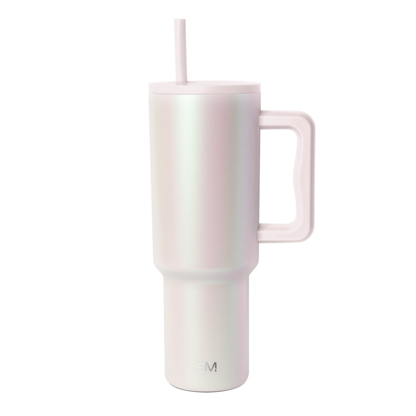 Pale blush pink and cream iridescent tumbler with pearlescent shimmer and subtle color transitions across cylindrical body