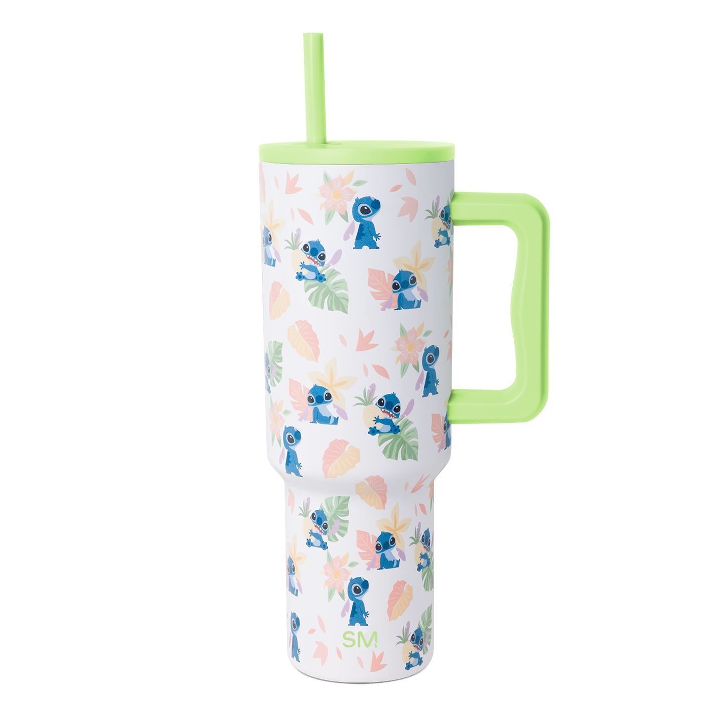 White insulated drink tumbler with lime green lid, handle, and straw, featuring a subtle decorative pattern and soft finish design.