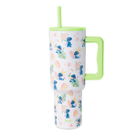 White insulated drink tumbler with lime green lid, handle, and straw, featuring a subtle decorative pattern and soft finish design.