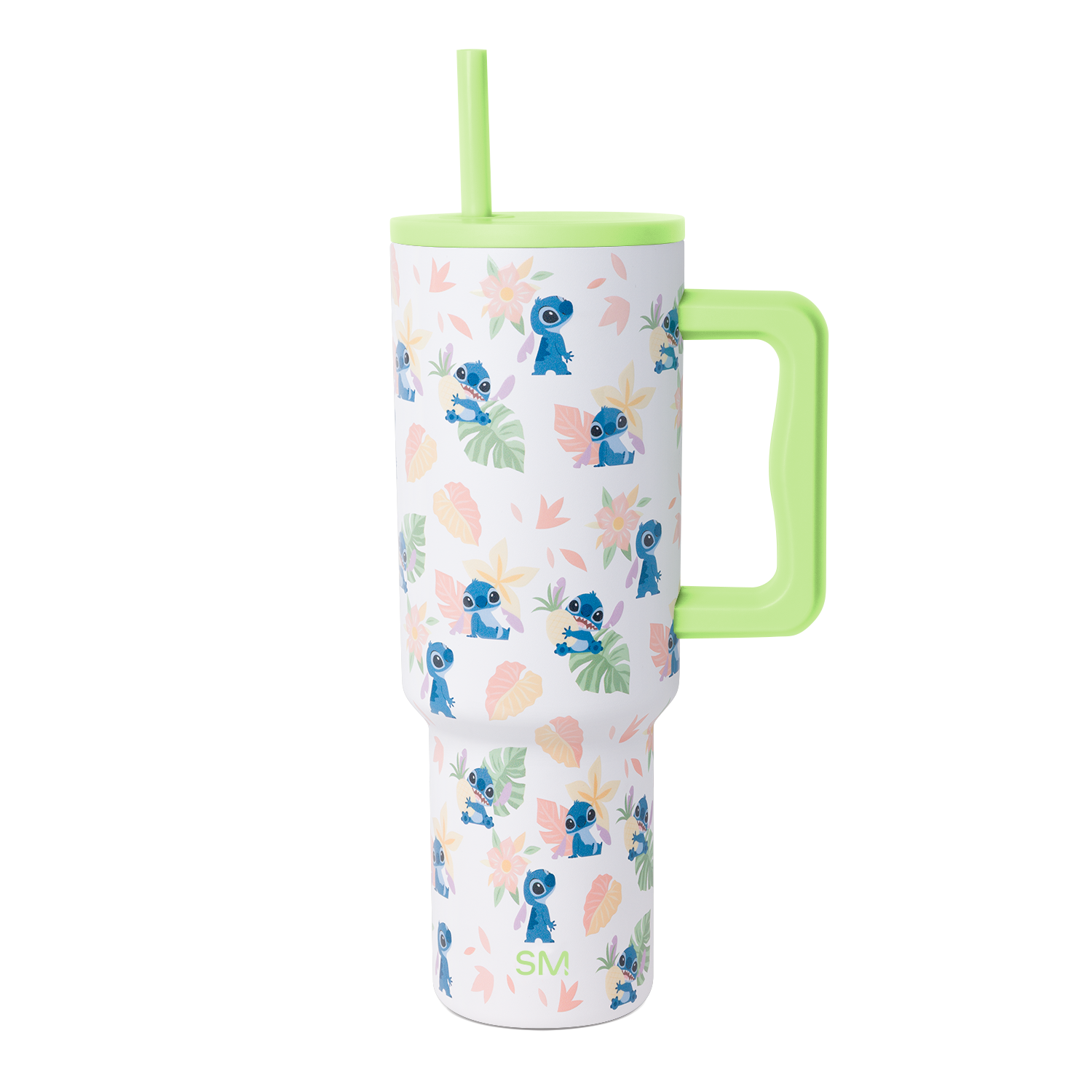 White insulated drink tumbler with lime green lid, handle, and straw, featuring a subtle decorative pattern and soft finish design.