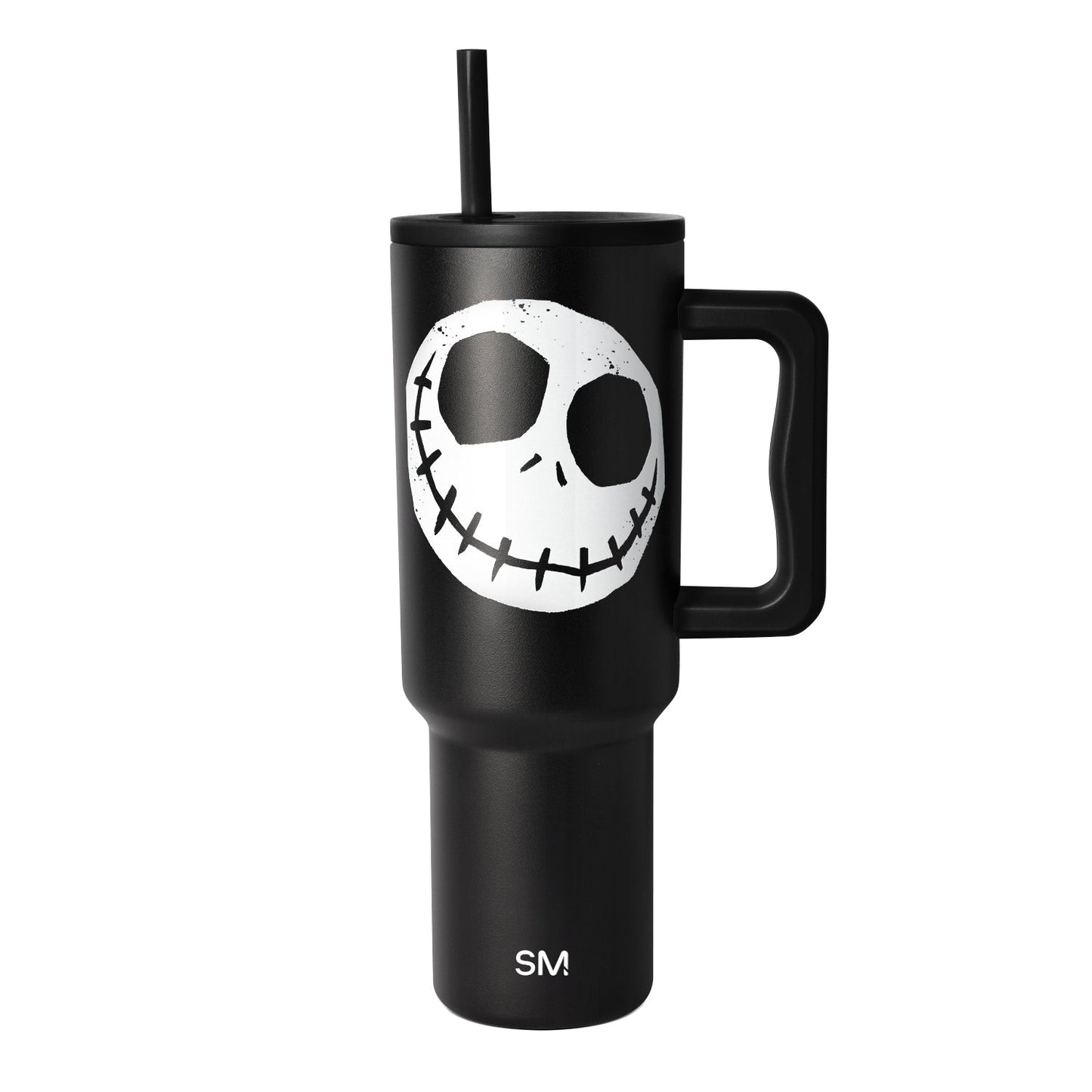 Black matte tumbler with handle on white background, cylindrical shape with tapered base and sturdy black handle on right side