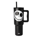 Black matte tumbler with handle on white background, cylindrical shape with tapered base and sturdy black handle on right side