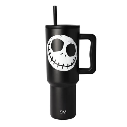 Black matte tumbler with handle on white background, cylindrical shape with tapered base and sturdy black handle on right side