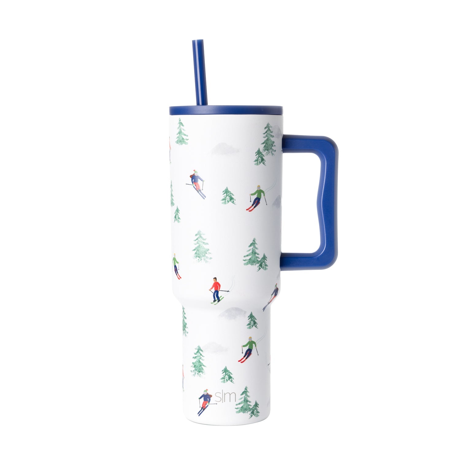 Insulated tumbler with cobalt blue lid and handle, white body, blue straw, featuring forest-themed green print design.