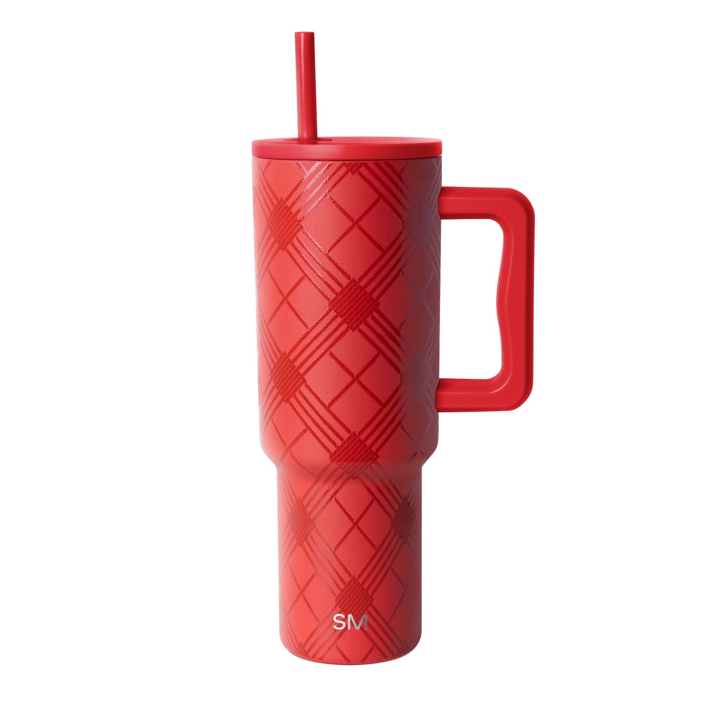 Coral-red insulated tumbler with matching handle, lid, and straw on neutral background