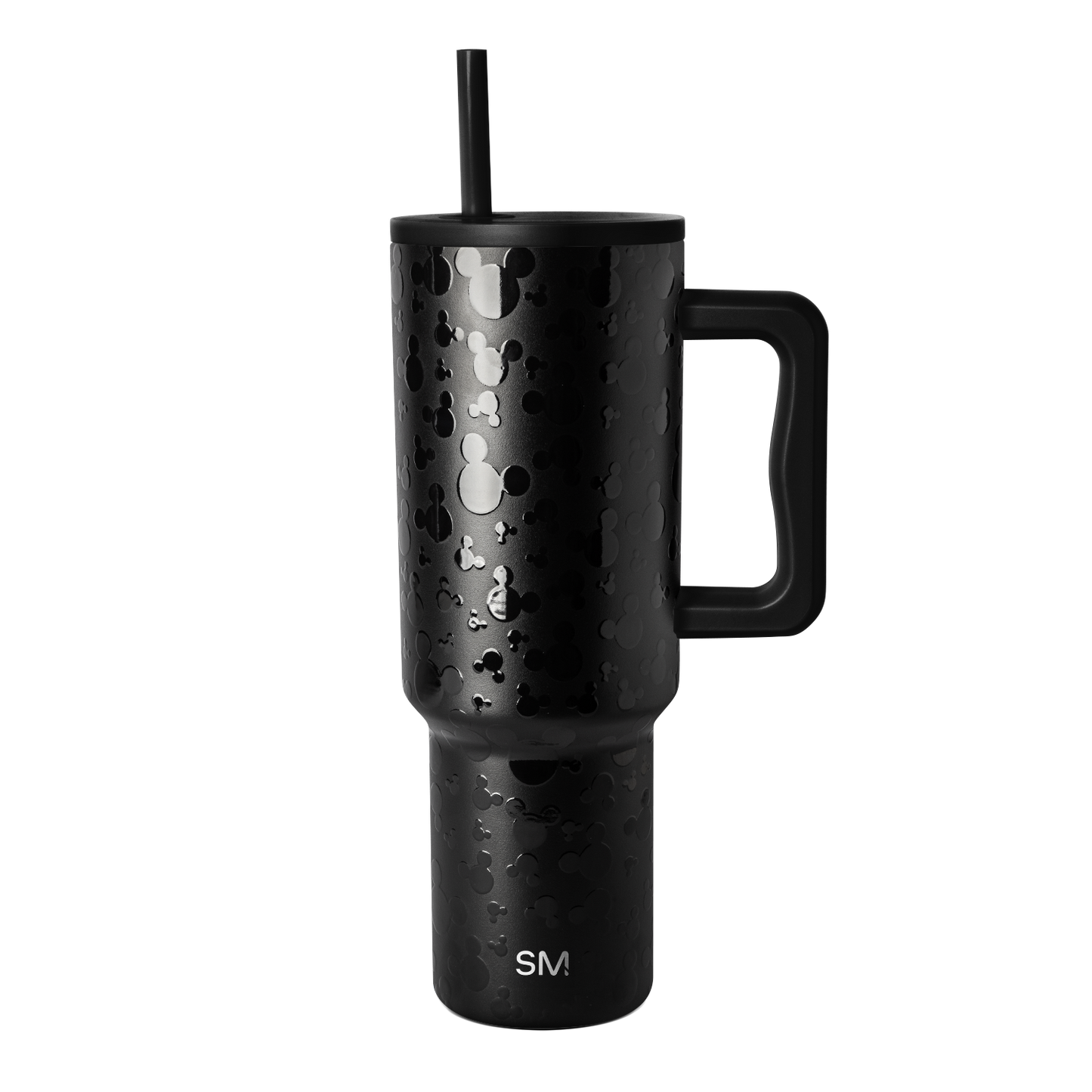 Matte black stainless steel tumbler with handle, cylindrical shape with tapered top, on white background