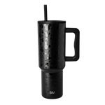 Matte black stainless steel tumbler with handle, cylindrical shape with tapered top, on white background