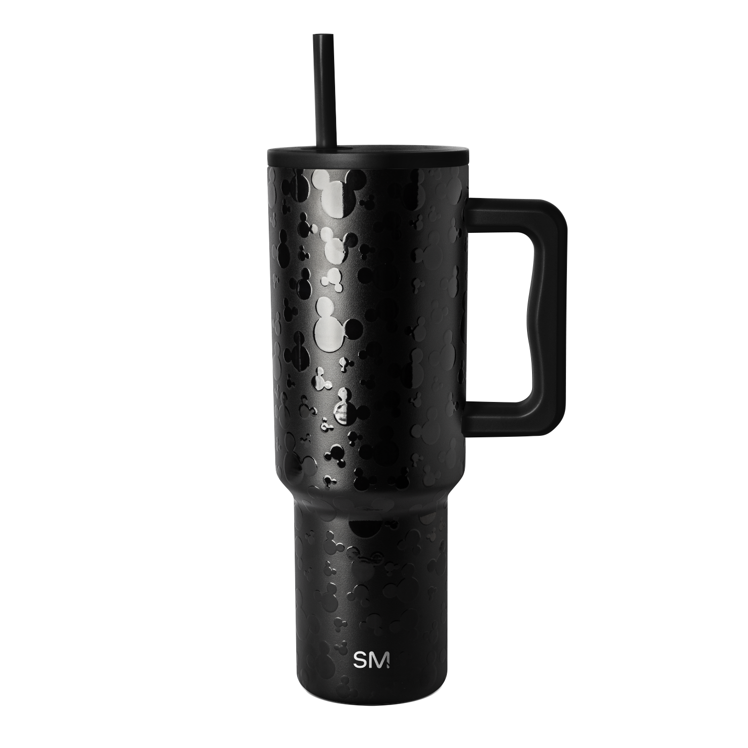 Matte black stainless steel tumbler with handle, cylindrical shape with tapered top, on white background